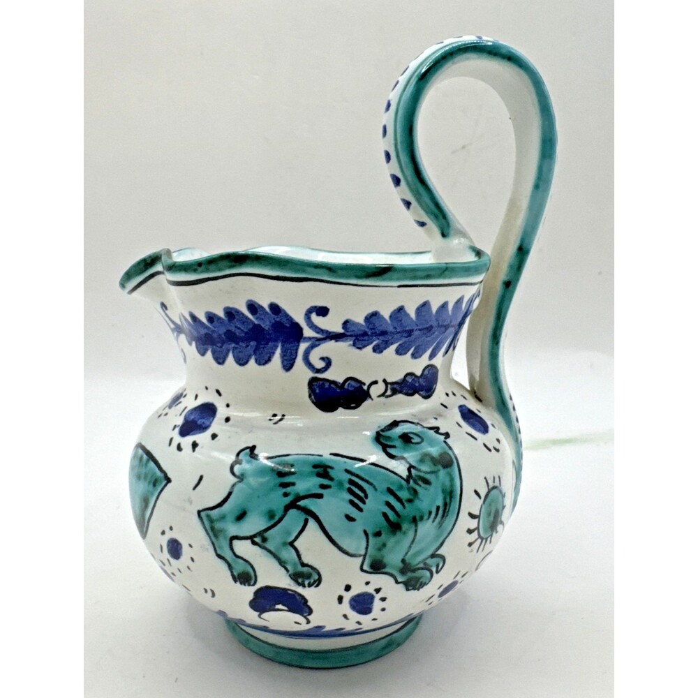 Hand-painted Italian Pitcher Small Blue Teal green Cat animal Flowers 5” Tall - Picture 3 of 7